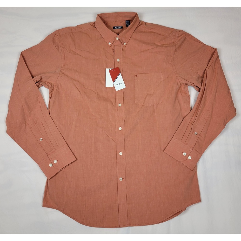IZOD NWT Mens Long Sleeve Button Down Shirt Orange Rust Cotton 45P1000826 Large